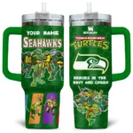 TMNT x Seattle Seahawks Tumblers 40oz with Transparent Lid, Handle & Straw Custom Your Name