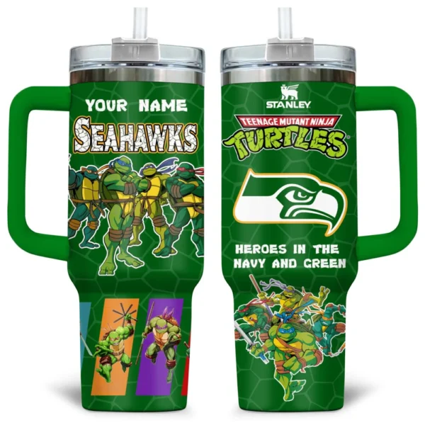 TMNT x Seattle Seahawks Tumblers 40oz with Transparent Lid, Handle & Straw Custom Your Name