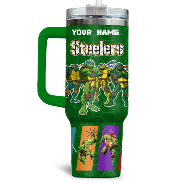 TMNT x Pittsburgh Steelers Tumblers 40oz with Transparent Lid, Handle & Straw Custom Your Name