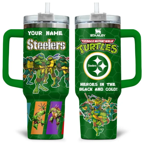 TMNT x Pittsburgh Steelers Tumblers 40oz with Transparent Lid, Handle & Straw Custom Your Name