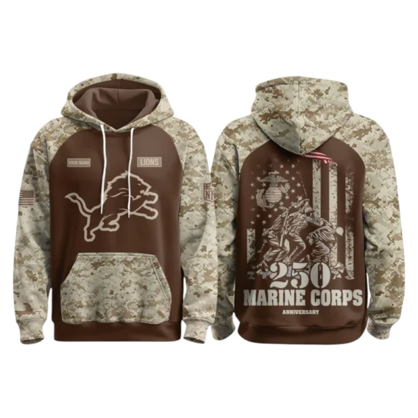 Detroit Lions x Marine Corps 250th Anniversary 3D Hoodie Limited 2026 Personalize Name