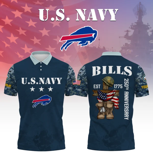 Buffalo Bills x US Navy 250th Anniversary 3D Polo Shirt Custom Your Name