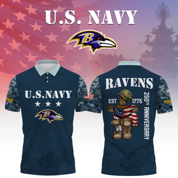Baltimore Ravens x US Navy 250th Anniversary 3D Polo Shirt Custom Your Name