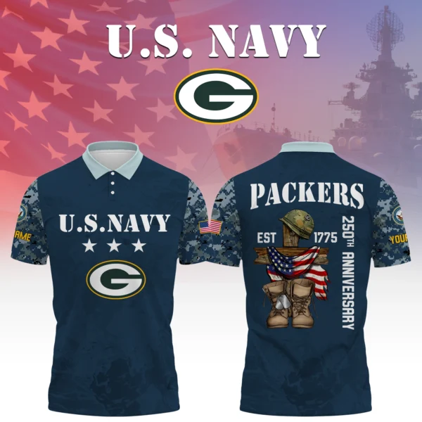 Green Bay Packers x US Navy 250th Anniversary 3D Polo Shirt Custom Your Name