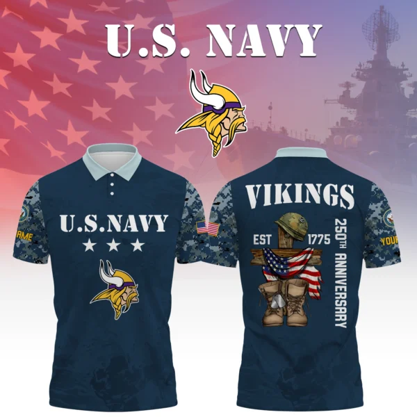 Minnesota Vikings x US Navy 250th Anniversary 3D Polo Shirt Custom Your Name