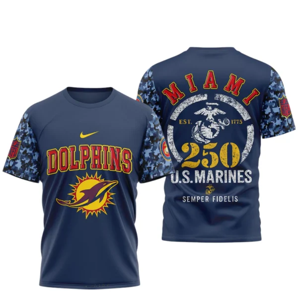 Miami Dolphins x US Marines 250th Birthday Semper Fidelis 3D T-Shirt