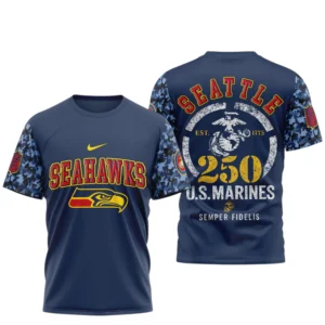 Seattle Seahawks x US Marines 250th Birthday Semper Fidelis 3D T-Shirt