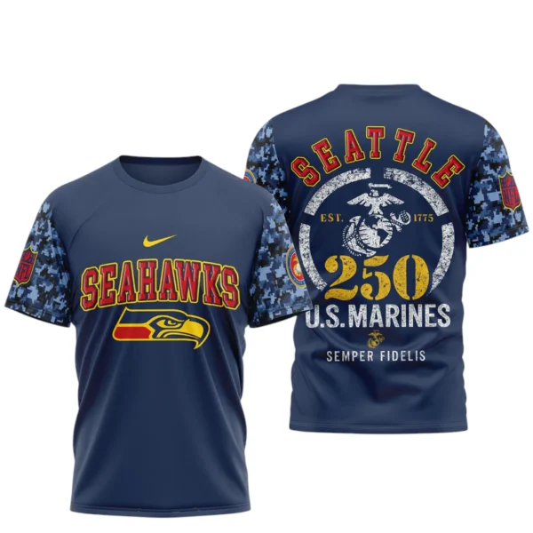 Seattle Seahawks x US Marines 250th Birthday Semper Fidelis 3D T-Shirt