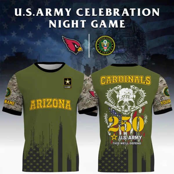 Arizona Cardinals x U.S. Army 250th Celebration Night Game 3D T-Shirt Limited 2026 Custom Your Name