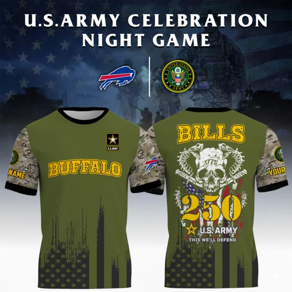 Buffalo Bills x U.S. Army 250th Celebration Night Game 3D T-Shirt Limited 2026 Custom Your Name