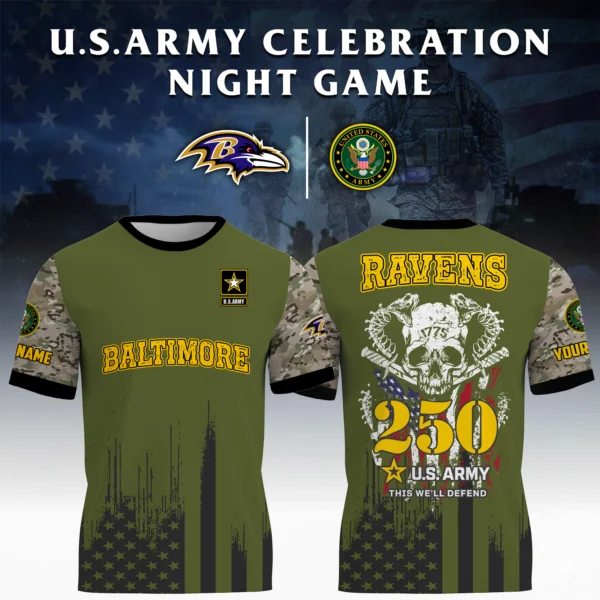Baltimore Ravens x U.S. Army 250th Celebration Night Game 3D T-Shirt Limited 2026 Custom Your Name