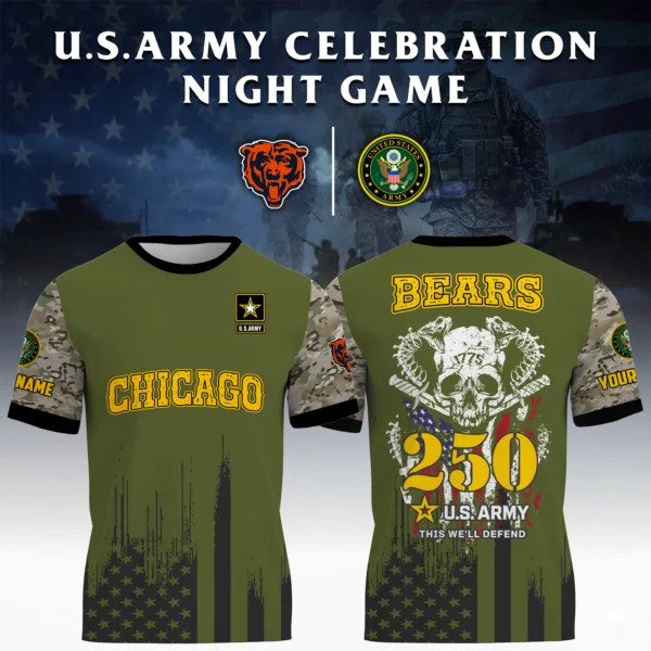 Chicago Bears x U.S. Army 250th Celebration Night Game 3D T-Shirt Limited 2026 Custom Your Name