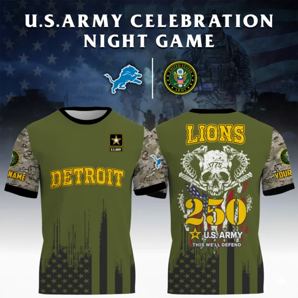 Detroit Lions x U.S. Army 250th Celebration Night Game 3D T-Shirt Limited 2026 Custom Your Name