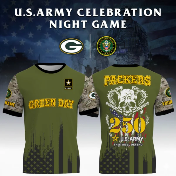 Green Bay Packers x U.S. Army 250th Celebration Night Game 3D T-Shirt Limited 2026 Custom Your Name