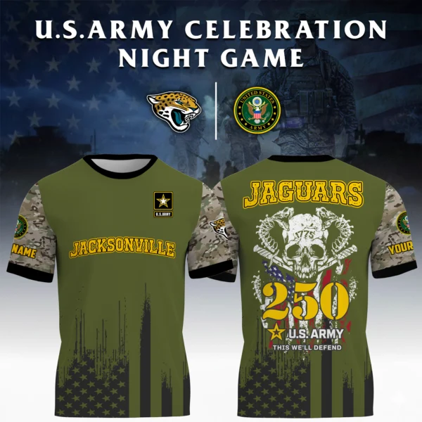 Jacksonville Jaguars x U.S. Army 250th Celebration Night Game 3D T-Shirt Limited 2026 Custom Your Name