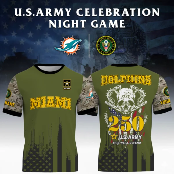 Miami Dolphins x U.S. Army 250th Celebration Night Game 3D T-Shirt Limited 2026 Custom Your Name
