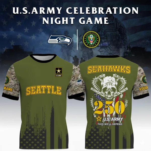 Seattle Seahawks x U.S. Army 250th Celebration Night Game 3D T-Shirt Limited 2026 Custom Your Name