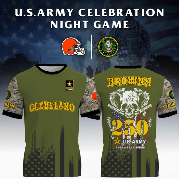 Cleveland Browns x U.S. Army 250th Celebration Night Game 3D T-Shirt Limited 2026 Custom Your Name