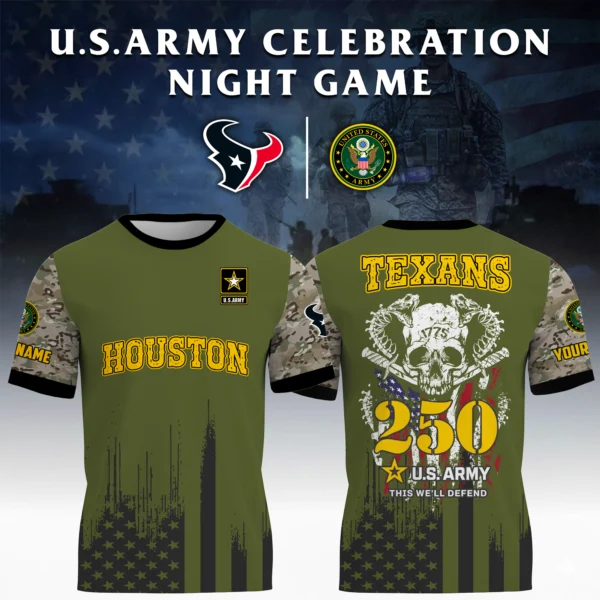 Houston Texans x U.S. Army 250th Celebration Night Game 3D T-Shirt Limited 2026 Custom Your Name