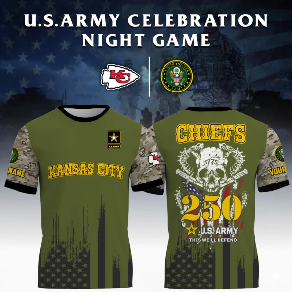 Kansas City Chiefs x U.S. Army 250th Celebration Night Game 3D T-Shirt Limited 2026 Custom Your Name