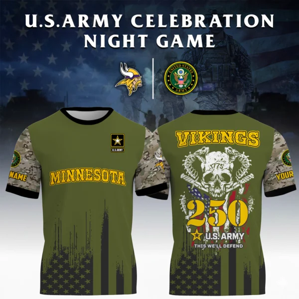 Minnesota Vikings x U.S. Army 250th Celebration Night Game 3D T-Shirt Limited 2026 Custom Your Name