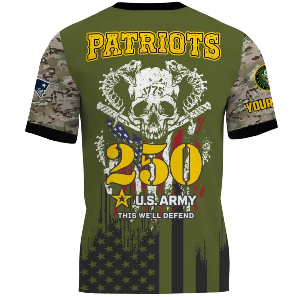 New England Patriots x U.S. Army 250th Celebration Night Game 3D T-Shirt Limited 2026 Custom Your Name