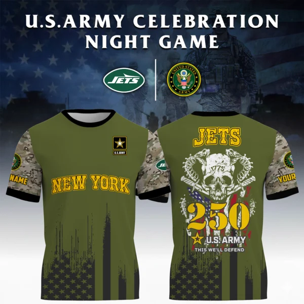 New York Jets x U.S. Army 250th Celebration Night Game 3D T-Shirt Limited 2026 Custom Your Name