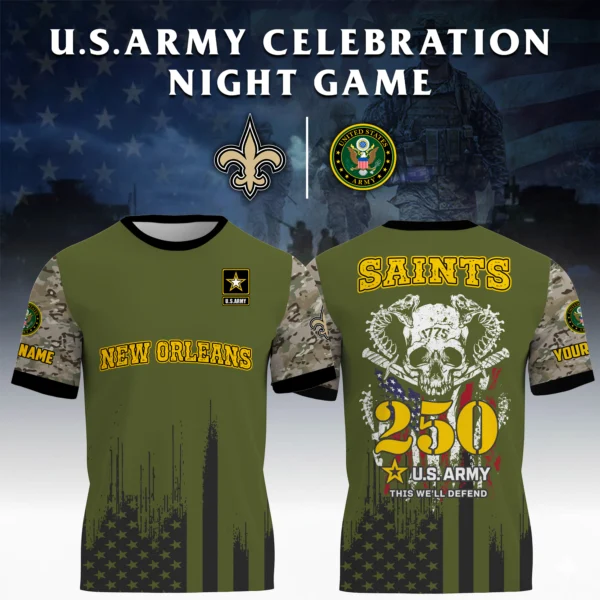 New Orleans Saints x U.S. Army 250th Celebration Night Game 3D T-Shirt Limited 2026 Custom Your Name