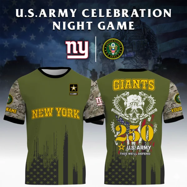 New York Giants xx U.S. Army 250th Celebration Night Game 3D T-Shirt Limited 2026 Custom Your Name