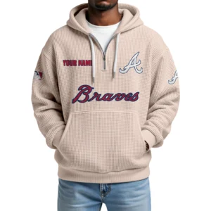 Atlanta Braves Quarter-Zip Waffle Knit Hoodie Custom Your Name