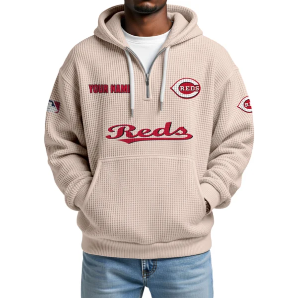 Cincinnati Reds Quarter-Zip Waffle Knit Hoodie Custom Your Name