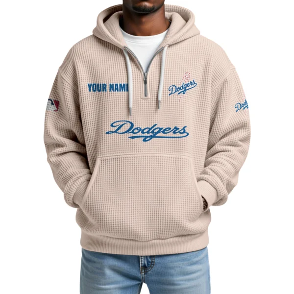 Los Angeles Dodgers Quarter-Zip Waffle Knit Hoodie Custom Your Name