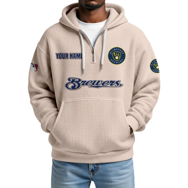 Milwaukee Brewers Quarter-Zip Waffle Knit Hoodie Custom Your Name