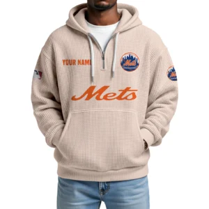 New York Mets Quarter-Zip Waffle Knit Hoodie Custom Your Name
