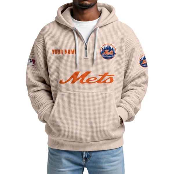 New York Mets Quarter-Zip Waffle Knit Hoodie Custom Your Name