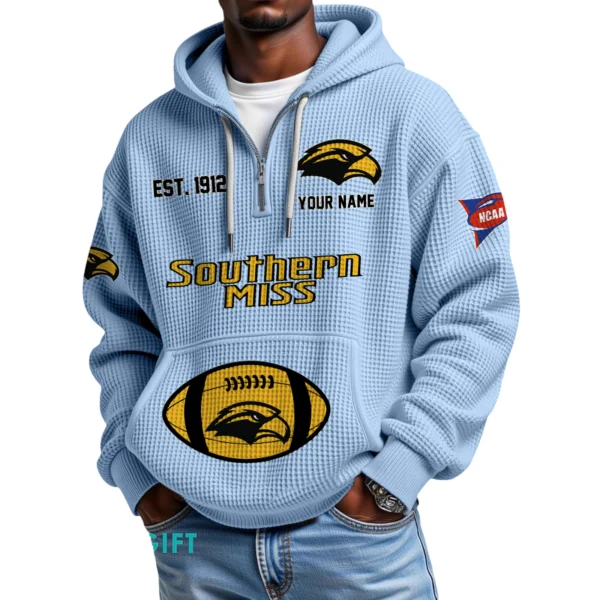 Southern Miss Golden Eagles Quarter-Zip Waffle Knit Hoodie Custom Your Name