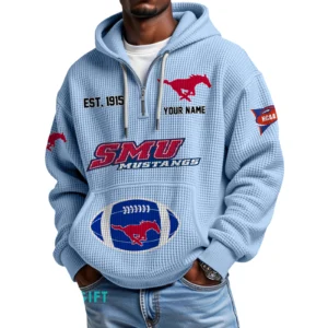 SMU Mustangs Quarter-Zip Waffle Knit Hoodie Custom Your Name