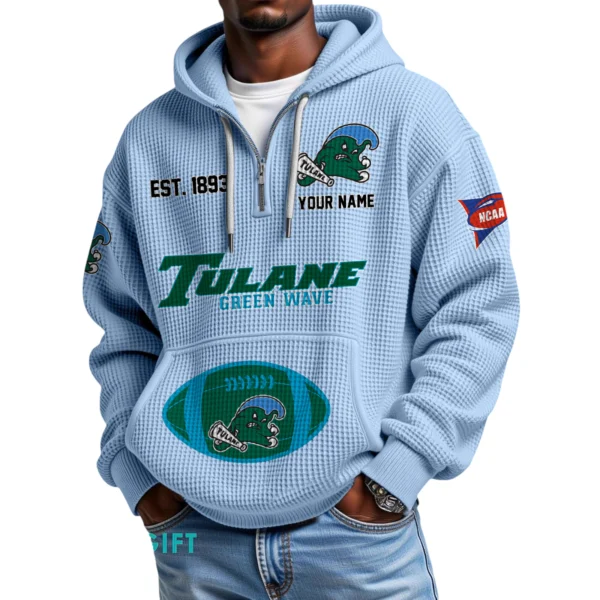 Tulane Green Wave Quarter-Zip Waffle Knit Hoodie Custom Your Name