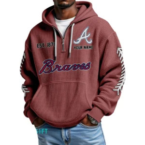 Atlanta Braves Quarter-Zip Waffle Knit Hoodie Personalize Name