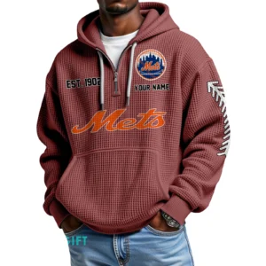 New York Mets Quarter-Zip Waffle Knit Hoodie Personalize Name