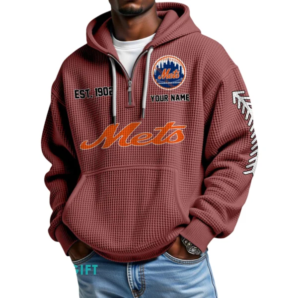 New York Mets Quarter-Zip Waffle Knit Hoodie Personalize Name