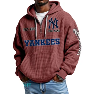 New York Yankees Quarter-Zip Waffle Knit Hoodie Personalize Name