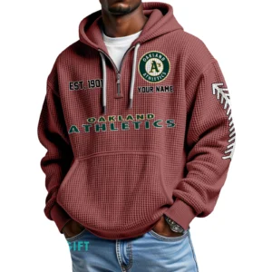 Oakland Athletics Quarter-Zip Waffle Knit Hoodie Personalize Name