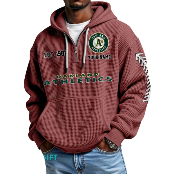 Oakland Athletics Quarter-Zip Waffle Knit Hoodie Personalize Name