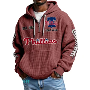 Philadelphia Phillies Quarter-Zip Waffle Knit Hoodie Personalize Name