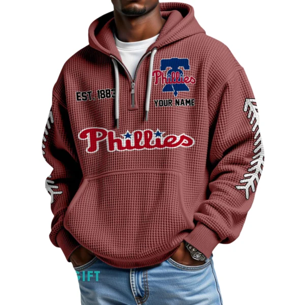 Philadelphia Phillies Quarter-Zip Waffle Knit Hoodie Personalize Name