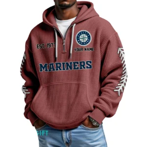 Seattle Mariners Quarter-Zip Waffle Knit Hoodie Personalize Name