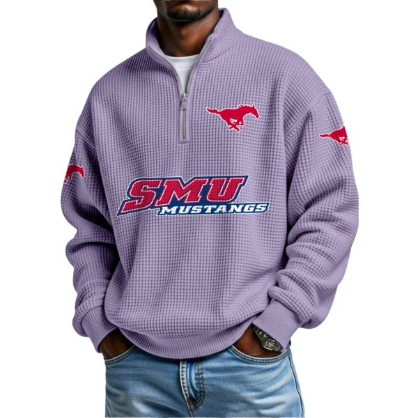 SMU Mustangs Waffle Knit Quarter-Zip Long Sleeve Shirt