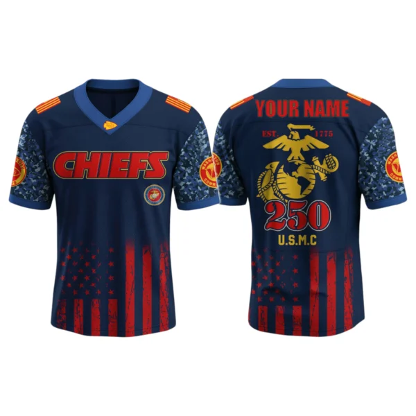 Kansas City Chiefs x US USMC 250th Birthday V-Neck Short Sleeve Jersey 3D Limited 2026 Custom Name