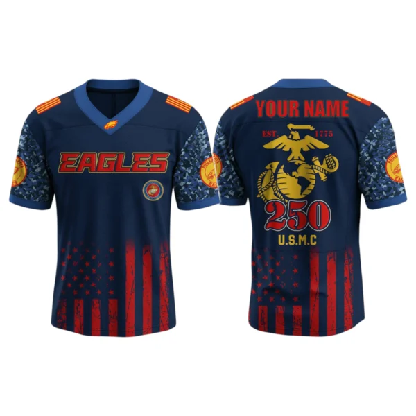 Philadelphia Eagles x US USMC 250th Birthday V-Neck Short Sleeve Jersey 3D Limited 2026 Custom Name